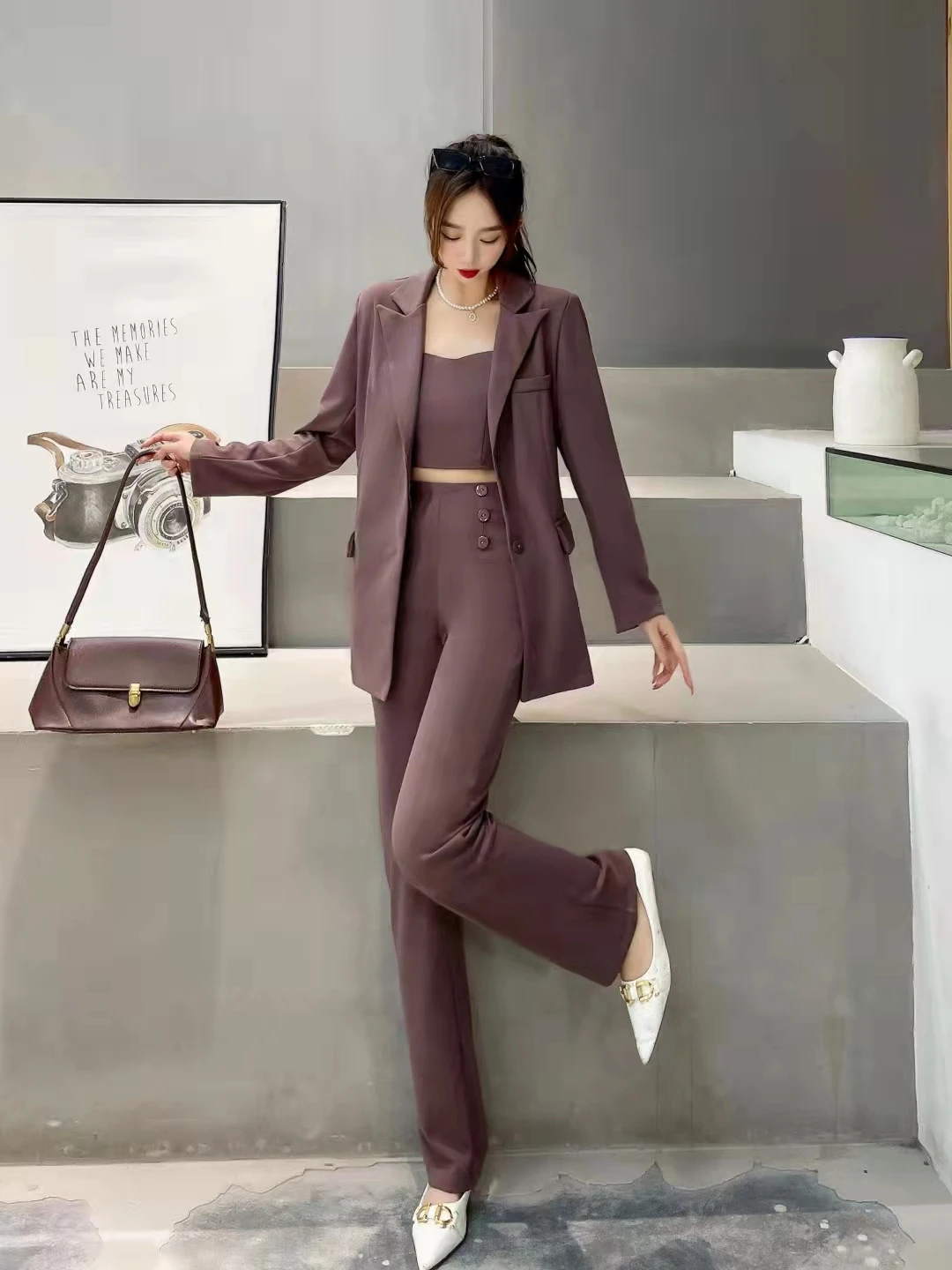 Women's Autumn Winter Vintage Casual Blazer Vest Wide Pants Set Commuting Solid Color Loose Suit Vest Trousers Three-piece Set