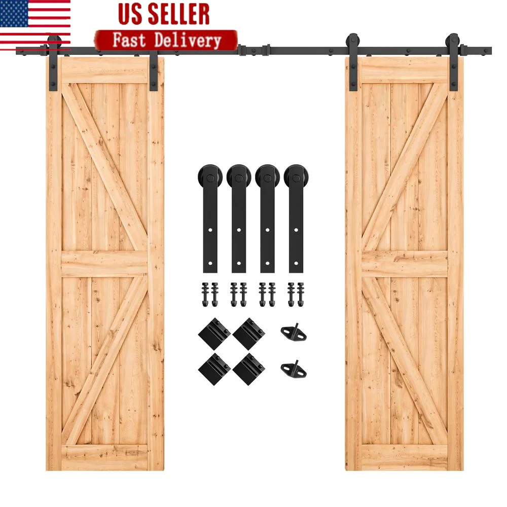 Heavy Duty Double Barn Door Hardware Kit 8.2FT Smooth & Quiet Sliding Operation Easy Install with Step-by-Step Guide Supports