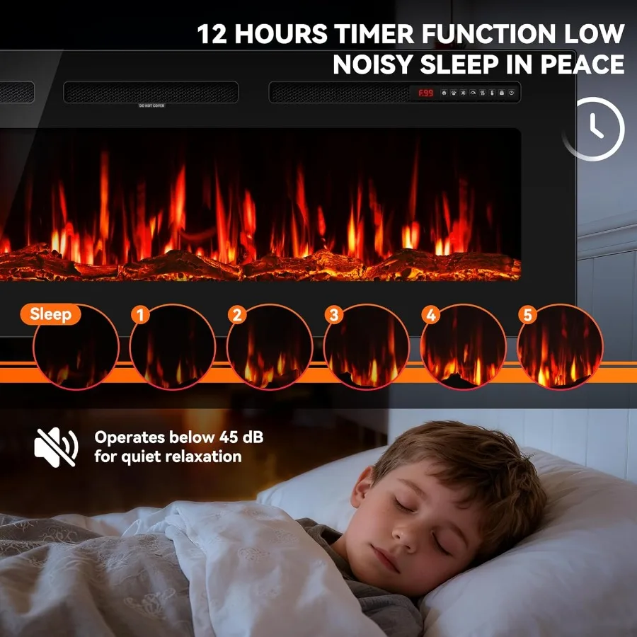 50 inch Electric Fireplace In-Wall Recessed and Wall Mounted with Remote Control 1500/750W Heater 60-99F Thermostat 12 Adjustab