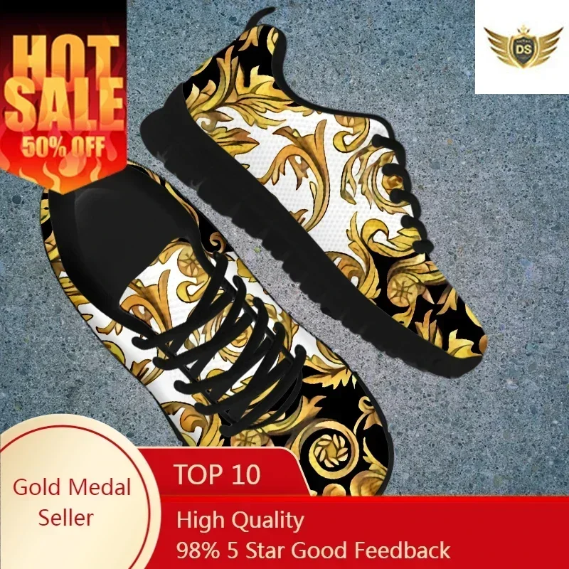 

Golden Floral Baroque Autumn Flat Shoes Nurse Women Retro Sugar Skull Female Sneakers Breathable Mesh Flats Female Shoes