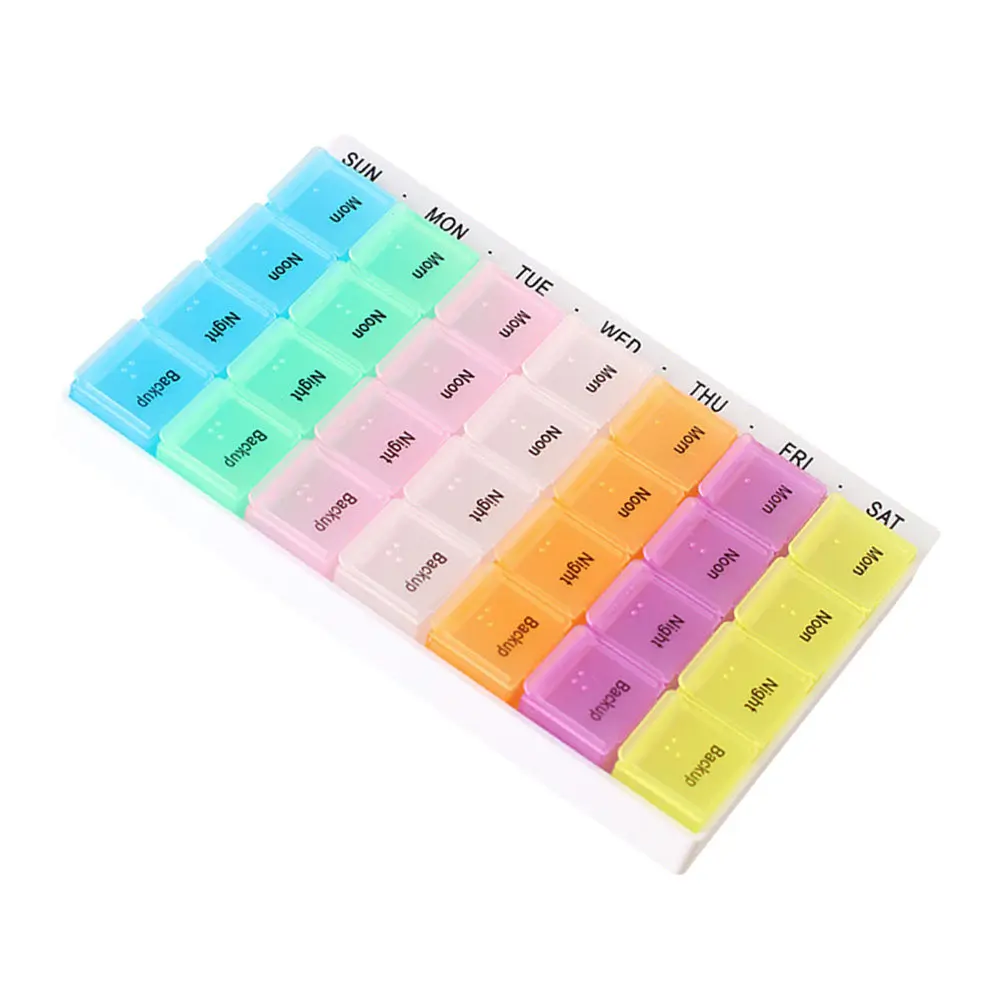 

Colored Portable Medicine Storage Case Container 28-Cell Weekly Organizer 7 Day Pill Box with Transparent Lids for Morning Noon