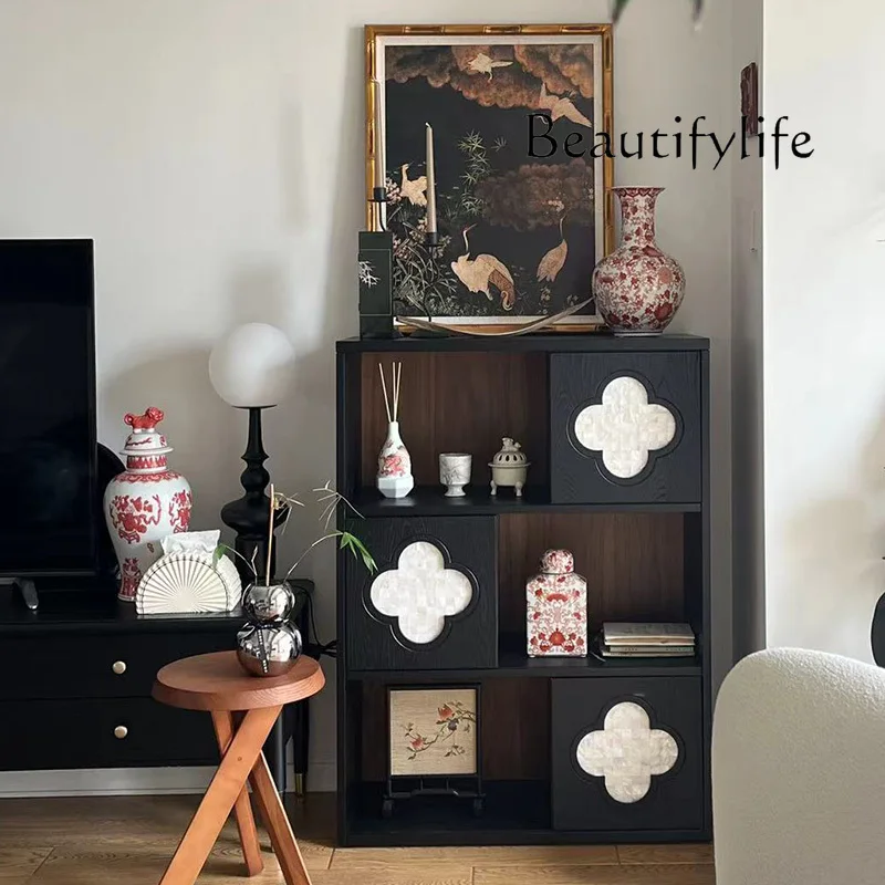 French retro solid wood four-leaf clover bookcase living room TV cabinet shelf floor-to-ceiling multi-layer locker