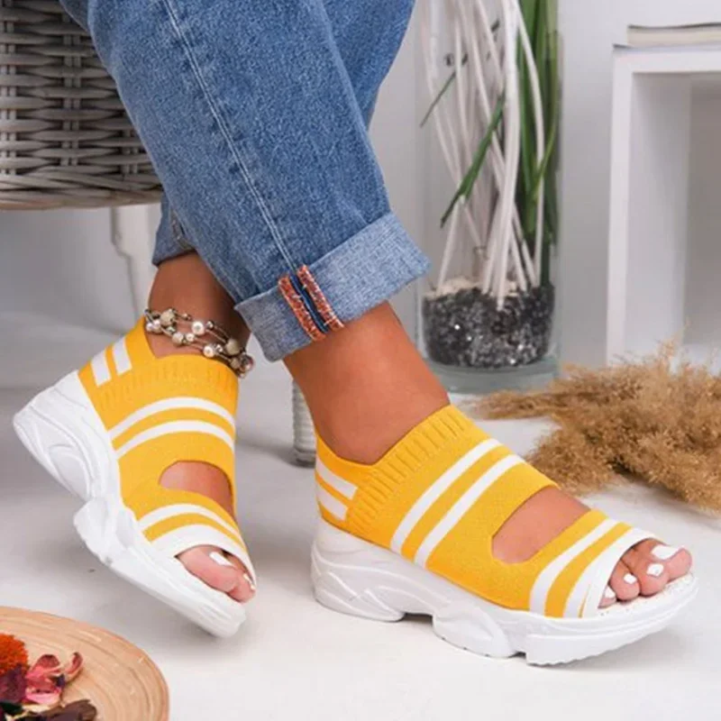 Woman Knitted Sandals Summer Platform Comfortable Sandals  Sports Shoes  Female Slip on Peep Toe Ladies Sneakers