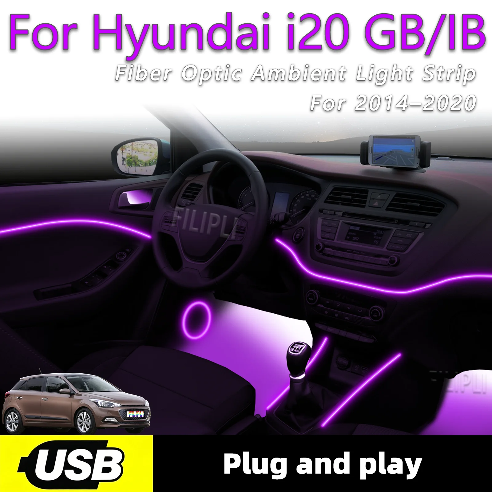

Светодиодные ленты для внутренней подсветки салона автомобиля Hyundai I20 GB/IB 2014-2020 гг., 6 в 1, с USB-интерфейсом, атмосферная подсветка, с возможностью резки