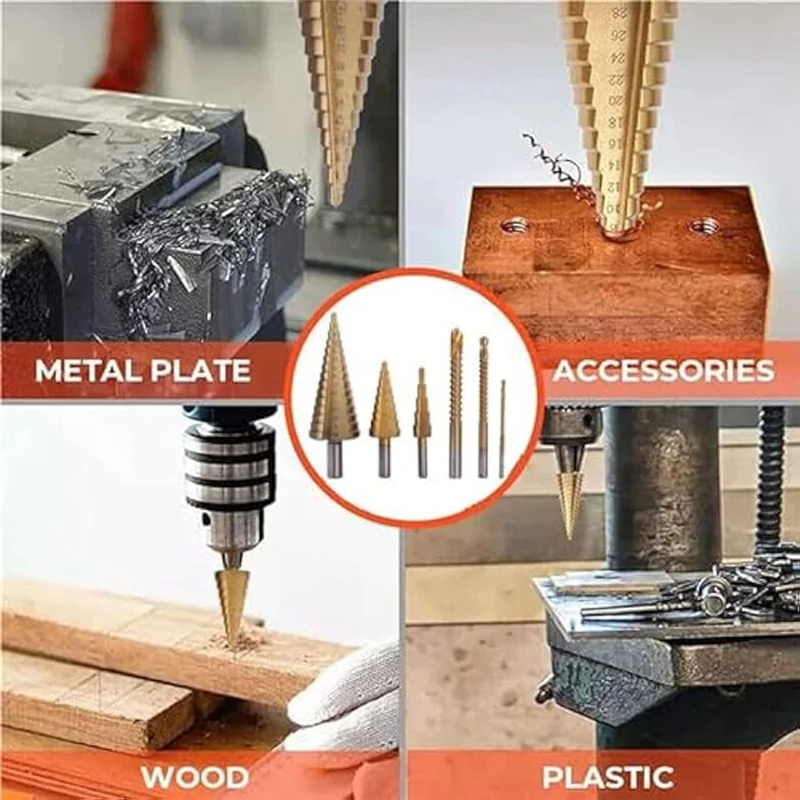 

A45M-7Pcs Step Drill Groove Saw Drill Set Groove Saw Drill Step Up Drill Bits Spiral Cone Stepped Down Bits For Impact Drill