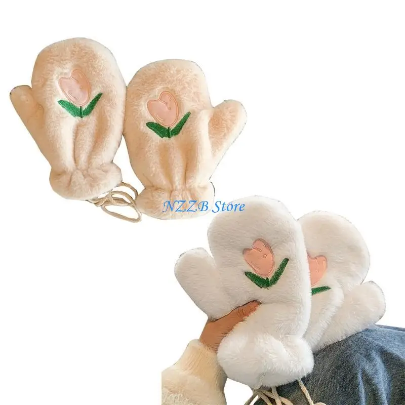 T21F – gants en peluche blancs pour filles, mitaines chaudes avec broderie fleurs pour femmes, fournitures d'hiver