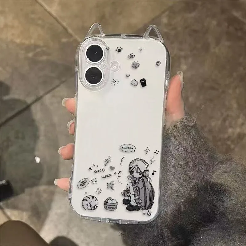 Coque de téléphone souple à motif simple d'oreilles de chat pour filles, style anime, pour iPhone 16 Plus 15 14 13 12 11 Pro Max Air 17 Pro Max