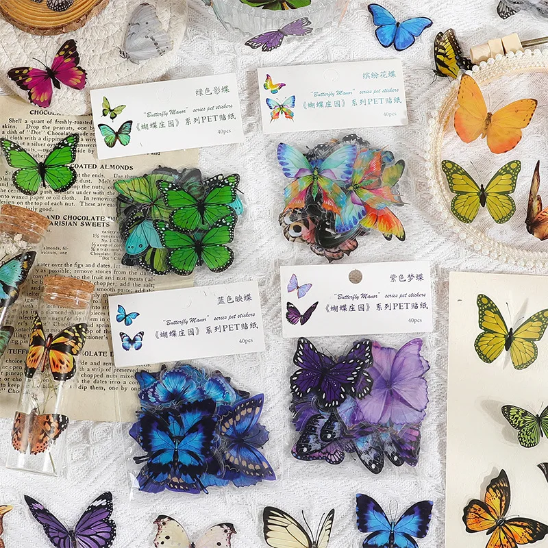 40Pcs/Lot Colorful Butterfly Stickers PET Transparent Scrapbook Journaling Phone Decoration DIY Waterproof Decals For Album