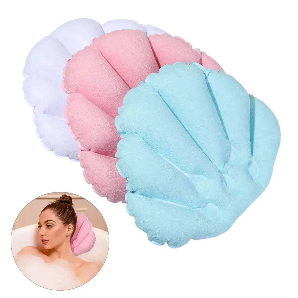 Colorful Fan Shaped Inflatable Shower Pillow Soft Terry Cloth Pillow Bathtub Spa Cushion Neck Support With Suction Cups