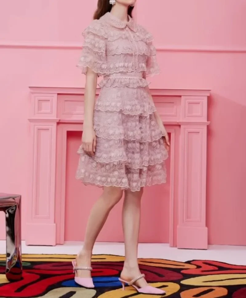 Nuovo ricamo pizzo rosa abito da donna aderente manica corta estate elegante abbigliamento da donna sfilata design festa vestido albicocca