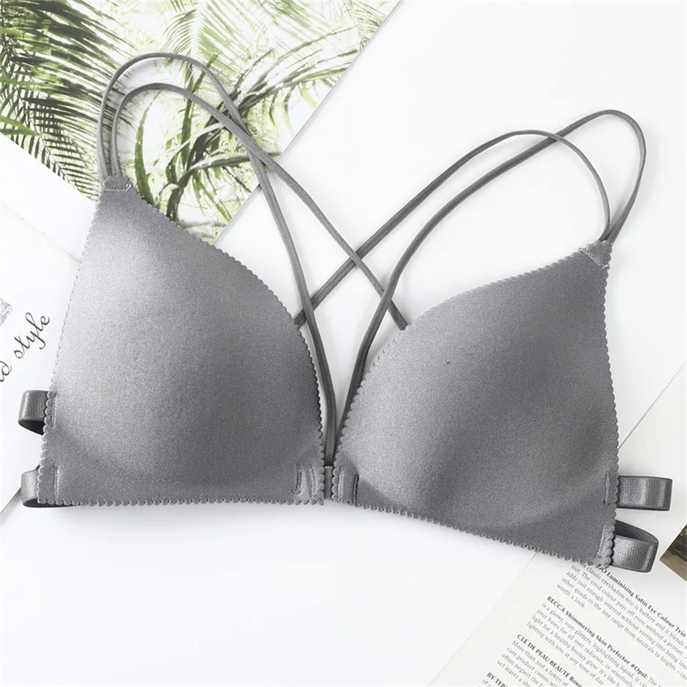 Sexy Front Buckle Korean Version Women\'s Bra Versatile, Beautiful Back, Crossed Thin Shoulder Straps, Gathered Bra Bra