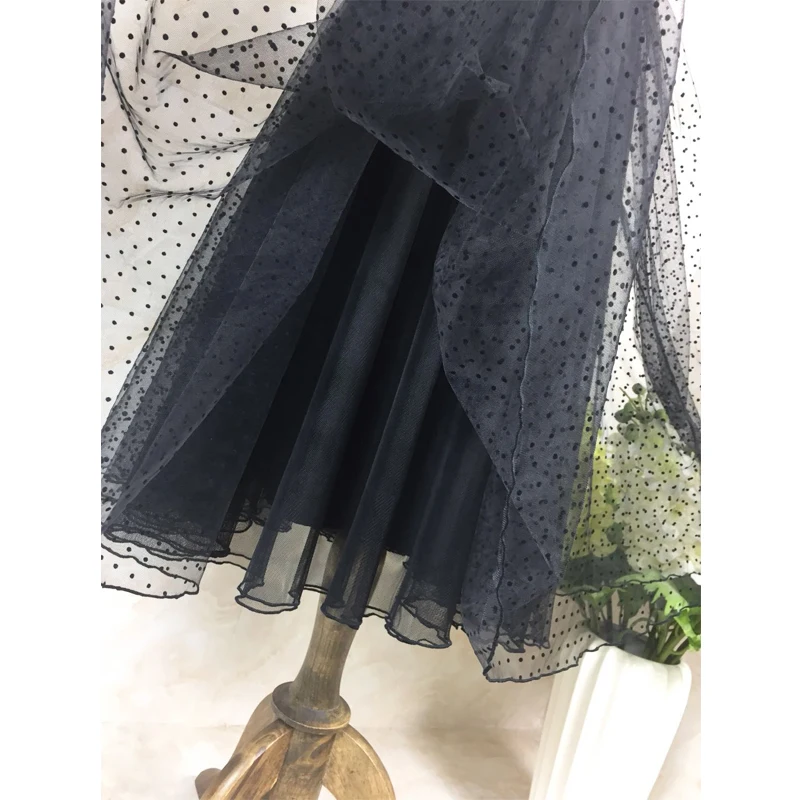 Beautiful Existence Stitching Hepburn Midi Dress Black Dress-Word Large Hem Elastic High Waist Women Mesh Skirt