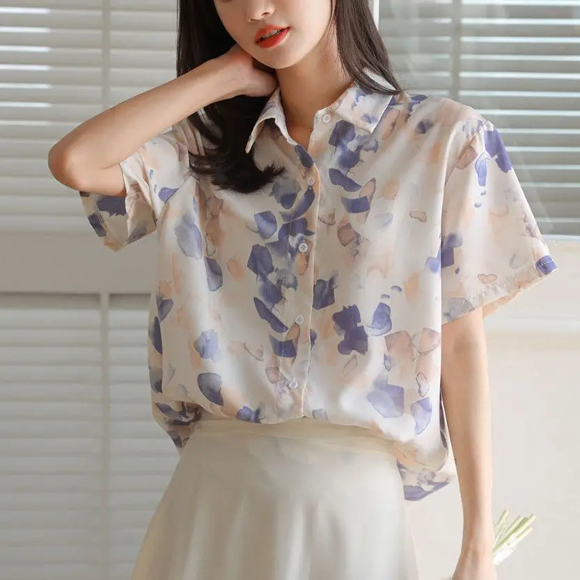 Chemise à manches courtes en mousseline de soie pour femmes, ample et décontractée, Style de vacances, imprimé rétro, pour les déplacements d'été