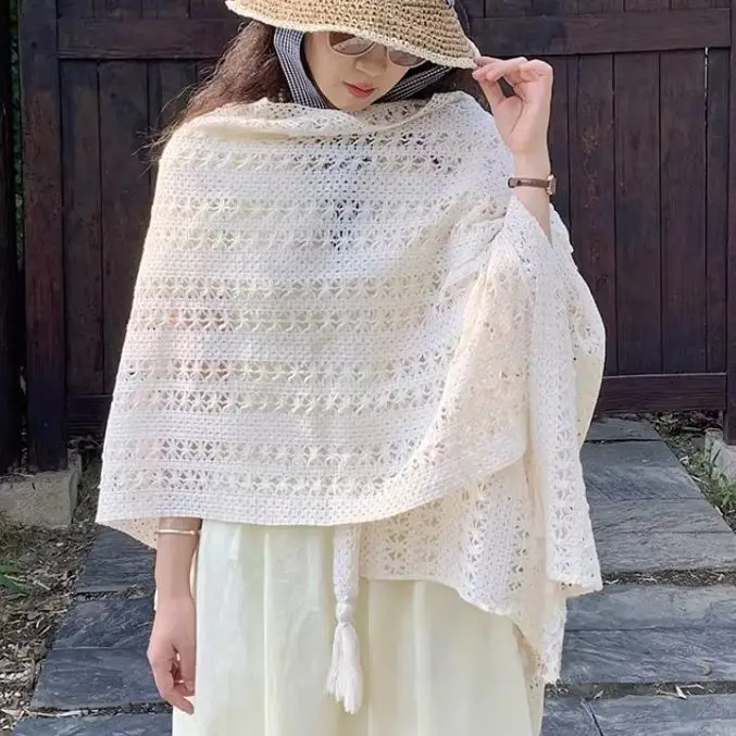 

Женская вязаная этническая накидка, полое кружевное пончо, шаль, шарф с кисточками, кардиган для туризма, пешего туризма, ветрозащитный, водостойкий