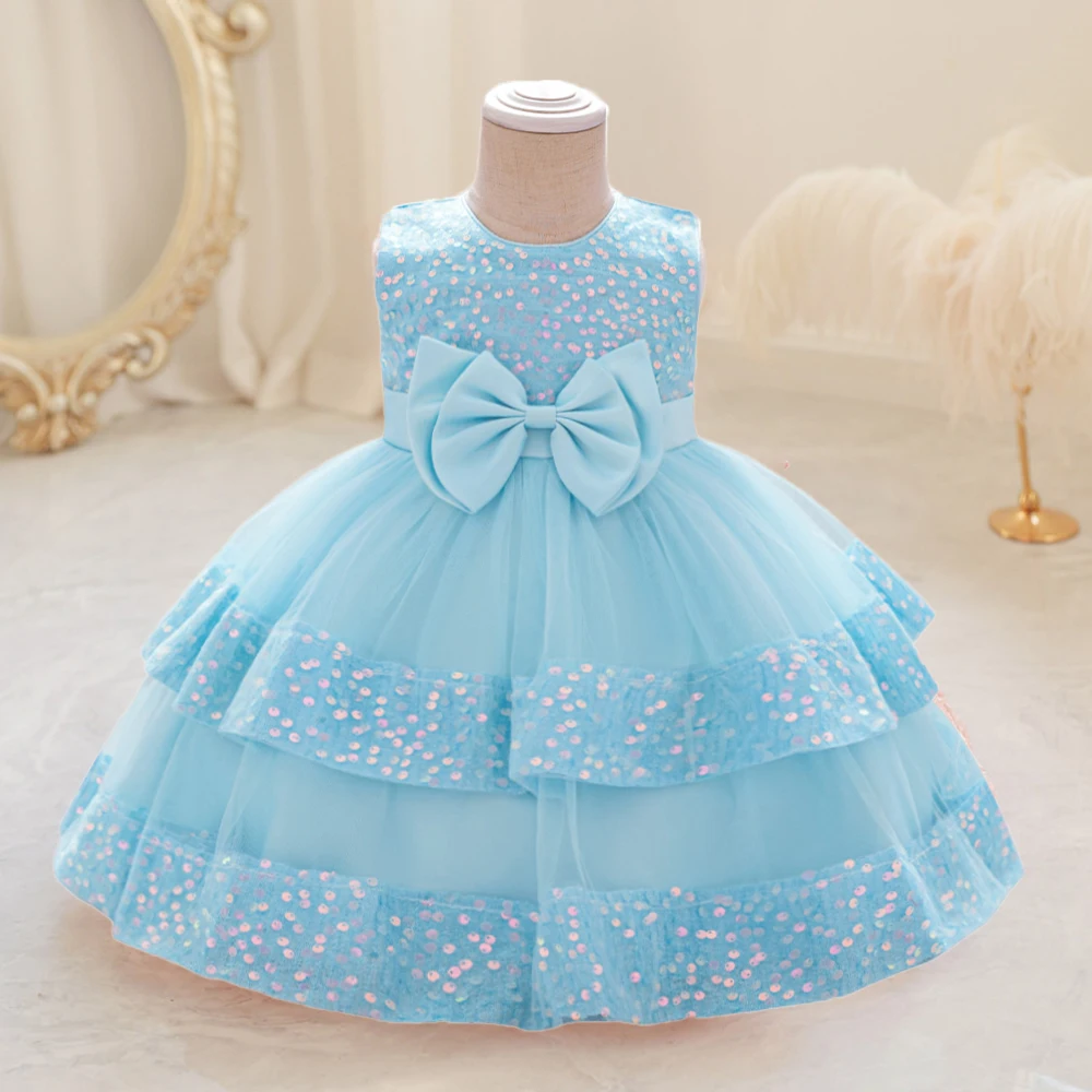 Sequin Bow Baby Girls Party Dresses Toddler 1st Birthday Baptism Dress Lace Wedding Princess Dress for Girls Christmas Prom Gown