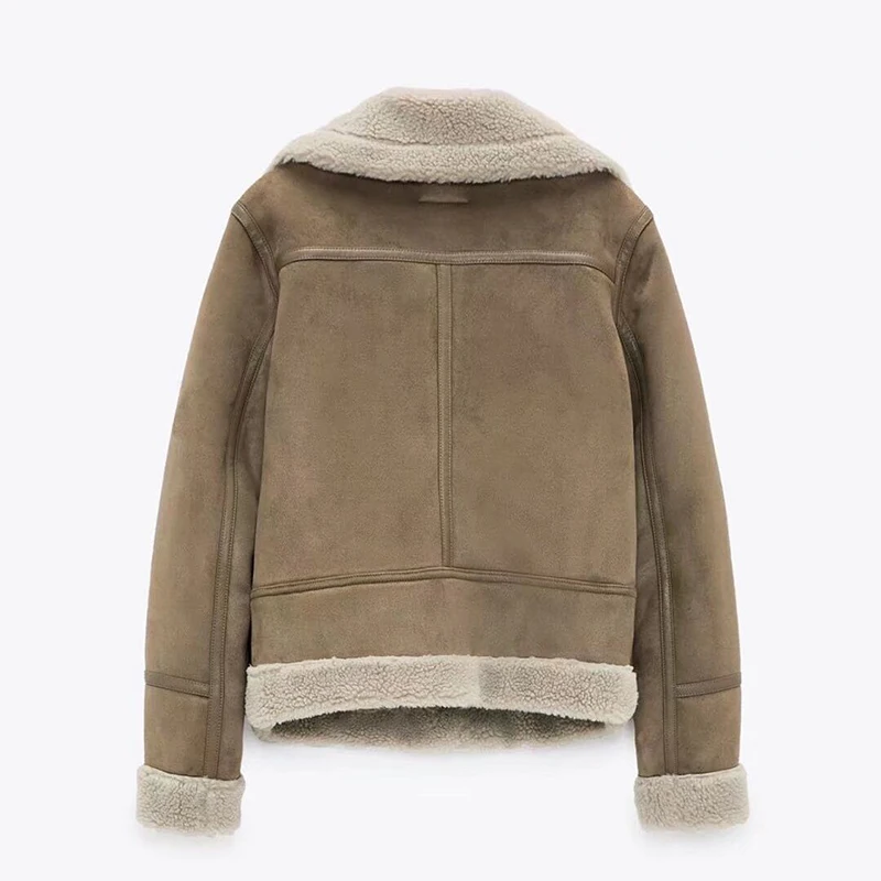 Winter Thicken Suede Fur Parka Jacket Thickness Faux Leather Fur Sheepskin Long Sleeve Zipper Overcoat Women Outwear