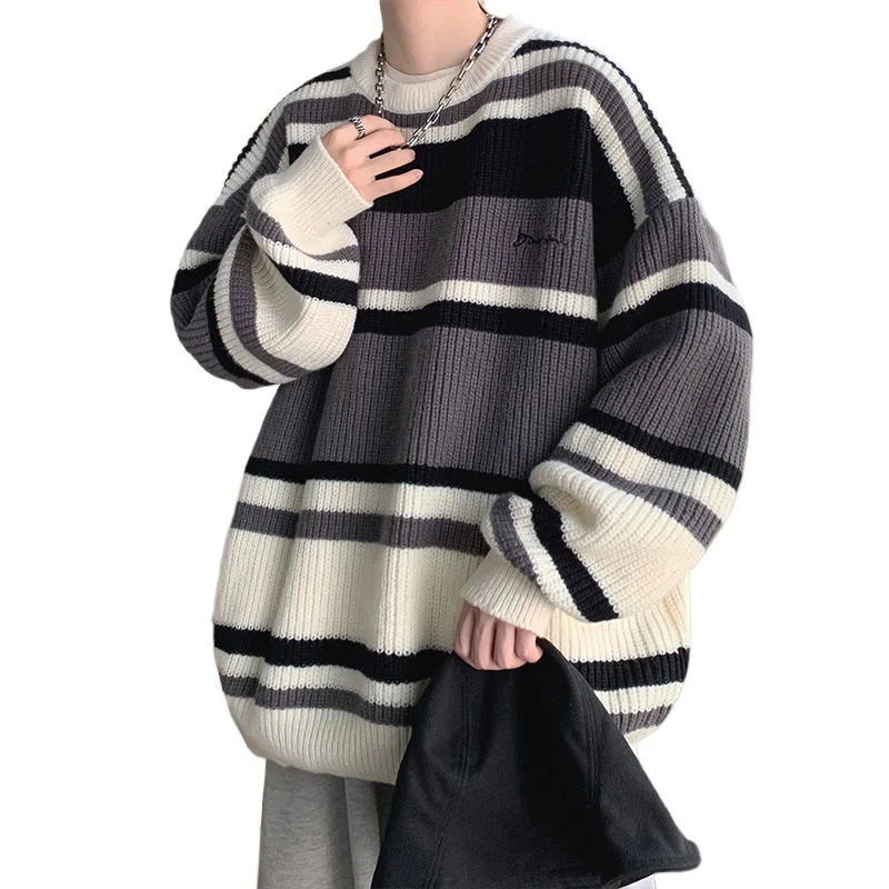 Spring Knitted Sweater Neutral Style Crewneck Jacket Autumn Striped Contrast Sweater Boys Trendy Casual Retro Couple