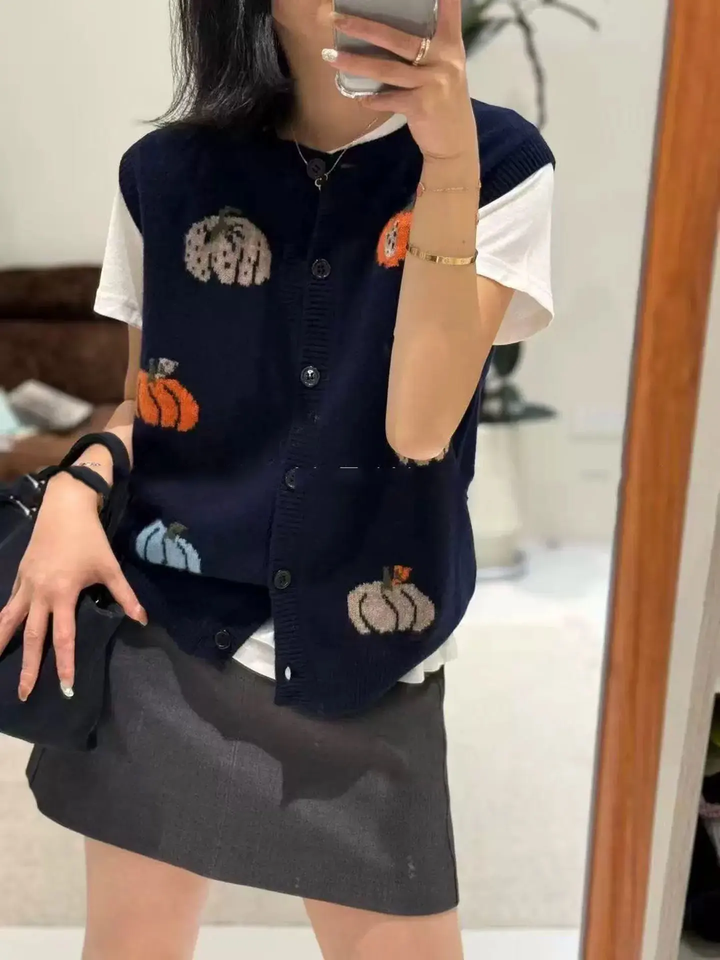 Outono abóbora jacquard cardigan colete feminino suéter de caxemira pura colete de malha de alta qualidade.