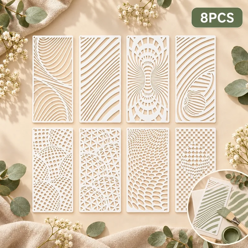 8Pcs Abstract Geometric Stencils Reusable PET Stencils for Painting Texture Pattern Craft Templates Wall Wood Fabric DIY Decor