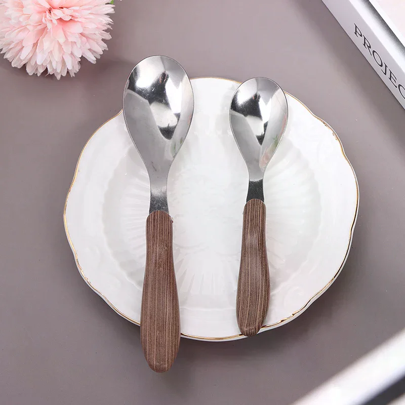 1 قطعة الفولاذ المقاوم للصدأ تقليد مقبض خشبي أدوات المائدة الغربية أدوات المائدة الحلوى ملعقة شوربة مطعم غربي بار أدوات المائدة