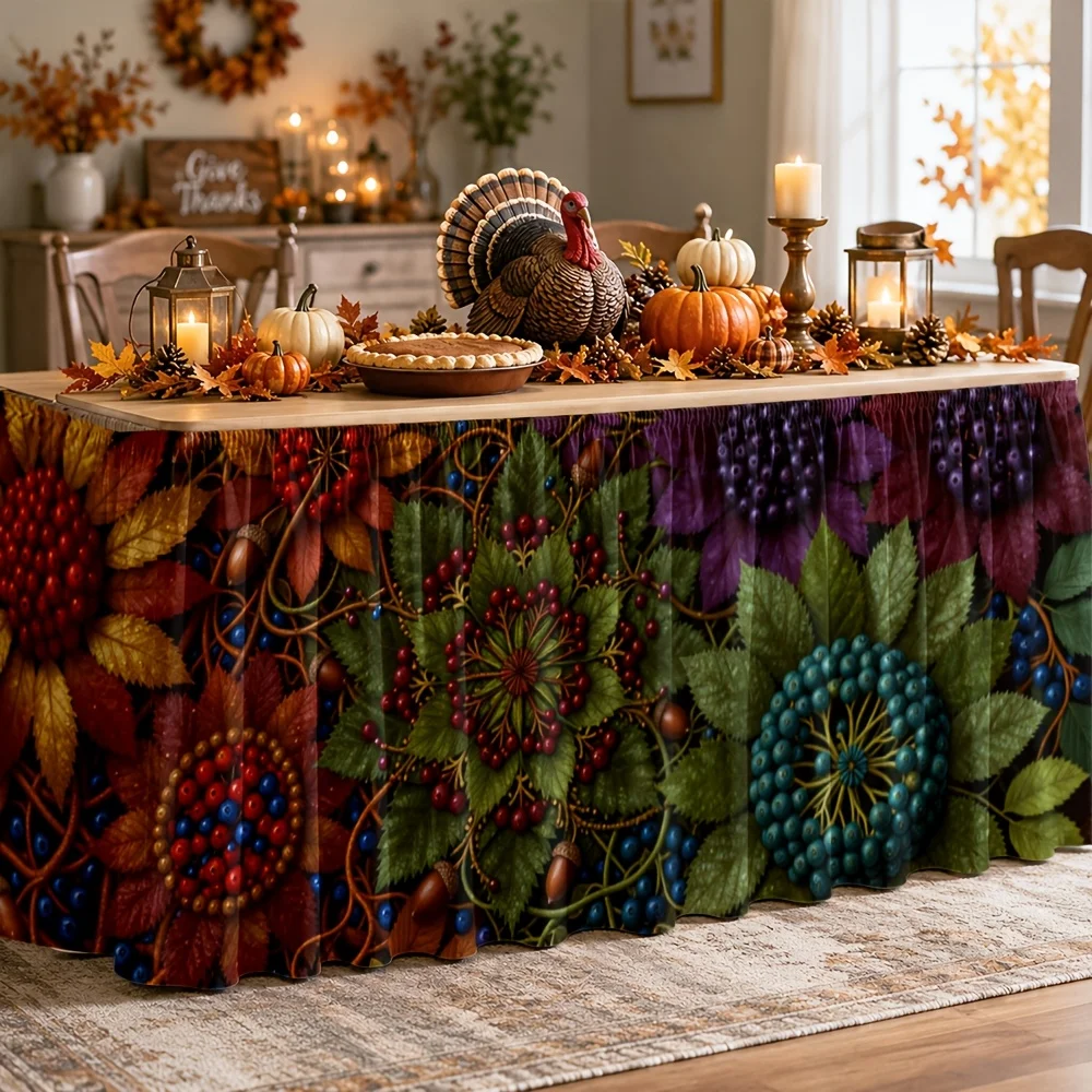 One table skirt - Floral Mandala Print Table Skirt - Polyester Bohemian Style - Bright Textured Plants