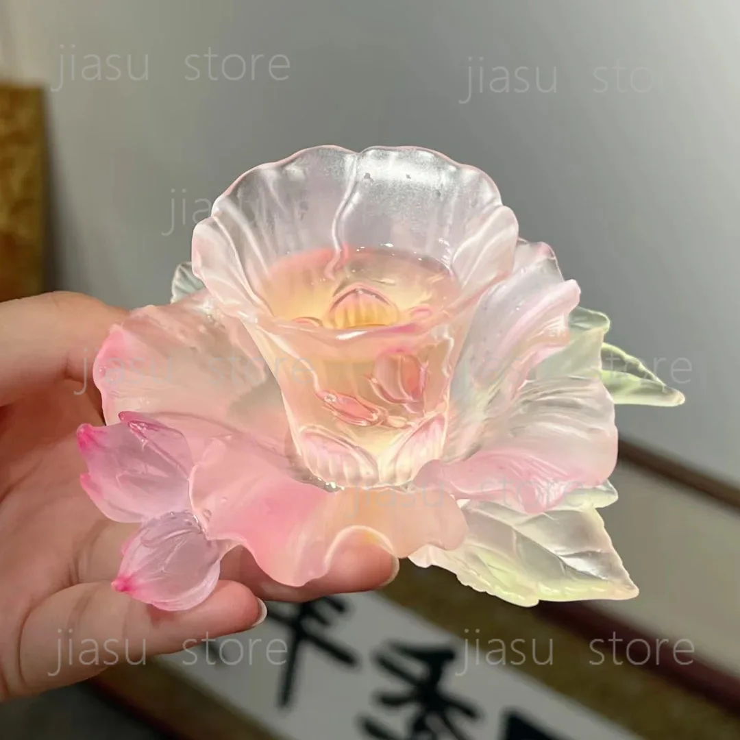 Twelve Flower Goddess Glazed Cup Set, Hibiscus Kung Fu Tea Cup with Coaster Home Craft Decoration