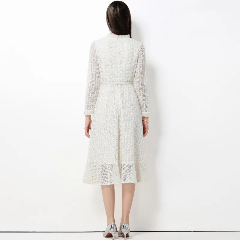 Slimming Lace Waist Belted Long Dr Women's Faion High Waist French Sle Velvet Fabric Casual Spring Thi Long Sve