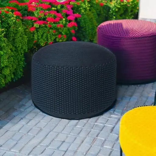 HOME Outdoor Pouf Ottoman | Hand Woven Waterproof Foot Stool with Bead Bag Filling | Boho Foot Rest for Patio, Living R