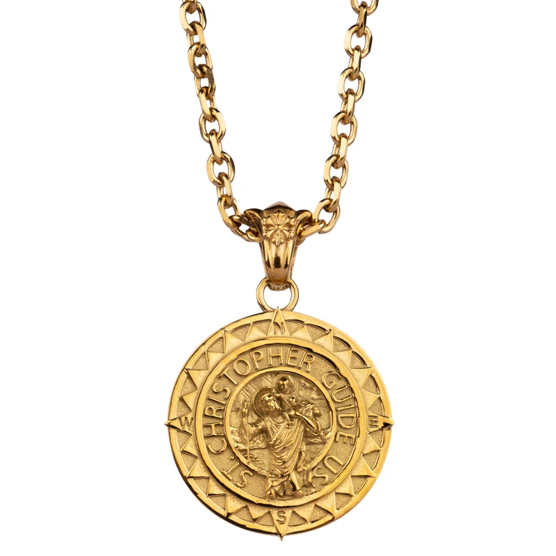 

St. Christopher stainless Steel Pendant Embossed Religious Guardian Angel Charm with Geometric Triangle Edge Necklace gift