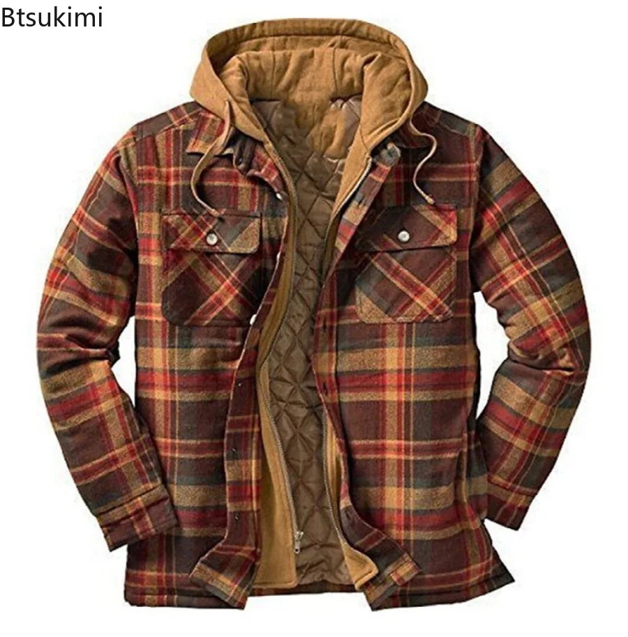 2025 Men's Winter Printed Cotton Jackets Harajuku Plaid Shirts Coats Hooded Zipper Long Sleeve Basic Casual Shirts Jackets Male