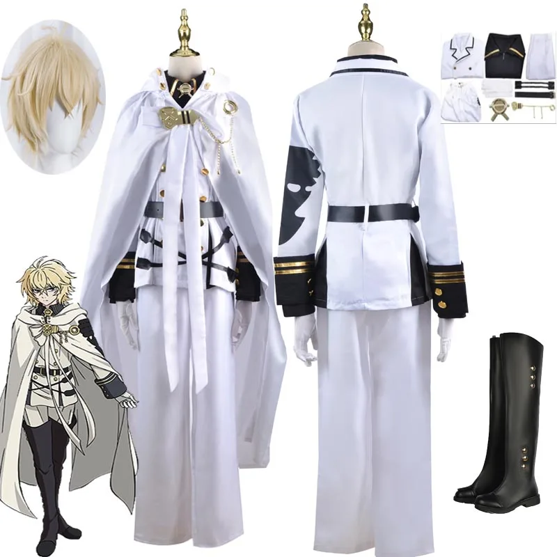 Mikaela Hyakuya Costume Cosplay Anime Seraph Of The End mantello bianco Trench Coat pantaloni parrucca scarpe Suit Party Carnival Men abbigliamento