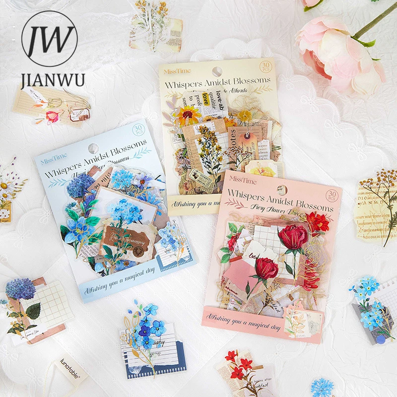 JIANWU Whispers Between Flowers Series Vintage Plant Floral Landscape Material Collage PET Sticker Creative Journal Stationery