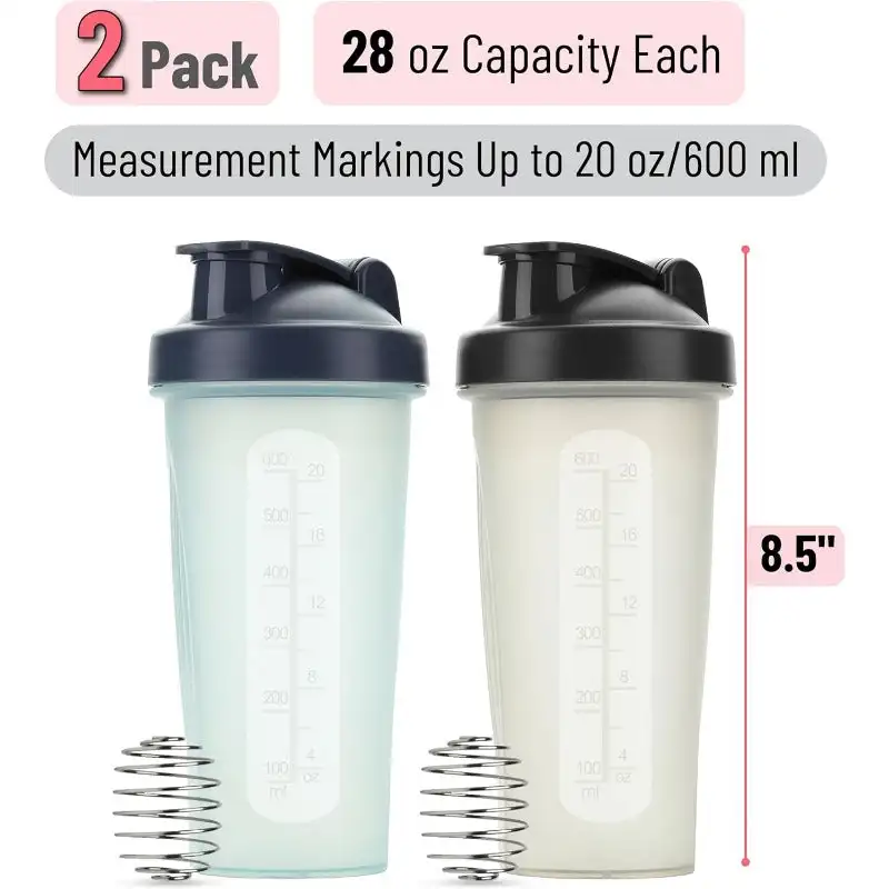 Shaker Bottles for Protein Mixes, 28 oz, 2 Pack, 2 Colors, Protein Shaker Bottle with Wire Whisk Ball, Shaker Cup, Mixer Bottle