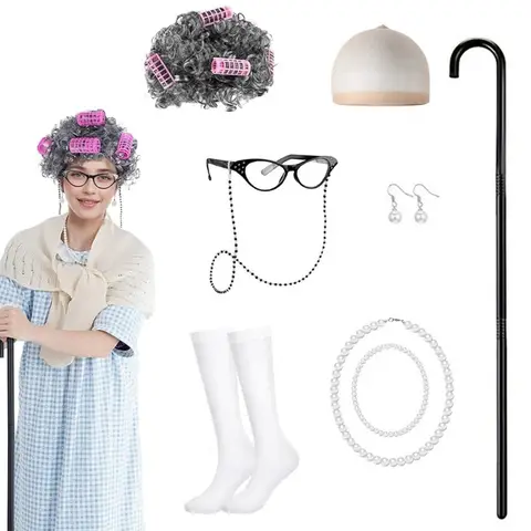 Old Lady Costume Set for Girls 100 Days of School Grandma Costume Outfit Wig and Granny Glasses Socks Cane Full Set Theme Party