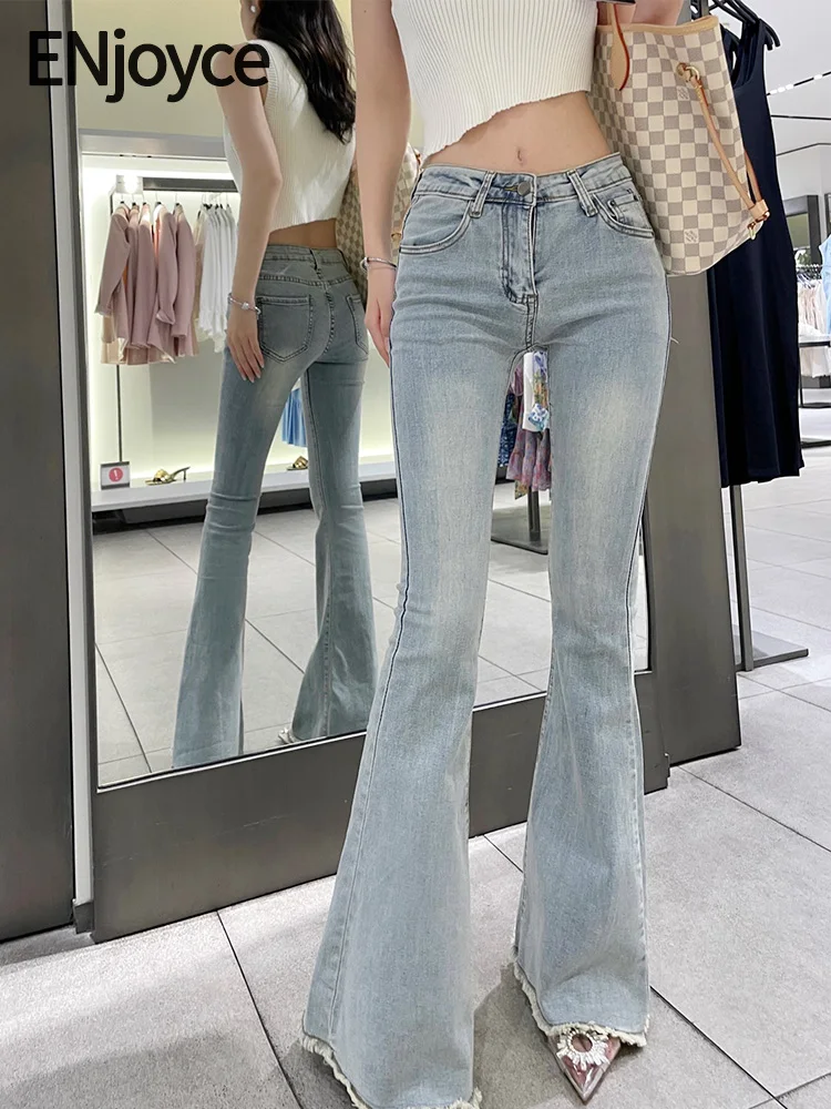 

ENjoyce Women Light Blue High Waist Slim Fit Micro Flare Pants Korean Fashion Vintage Long Jeans Streetwear Trousers Summer