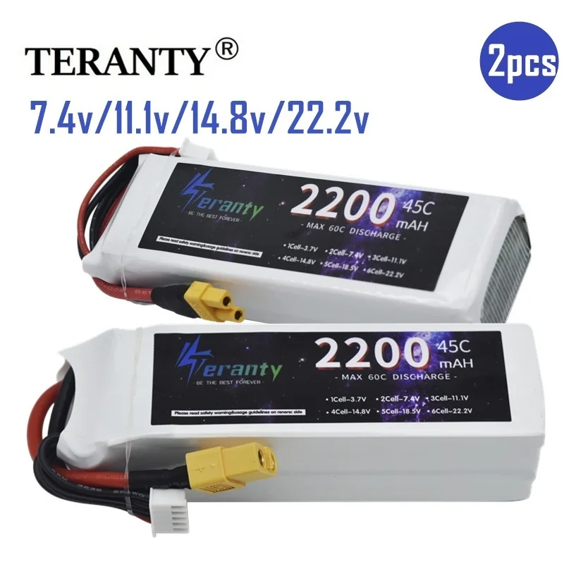 2 Pieces TERANTY 2S 3S 4S 5S 6S Lipo Battery 7.4V 11.1V 14.8V 22.2V 2200mAh RC Dorne Car Model 45C Battery FPV XT60 Deans T