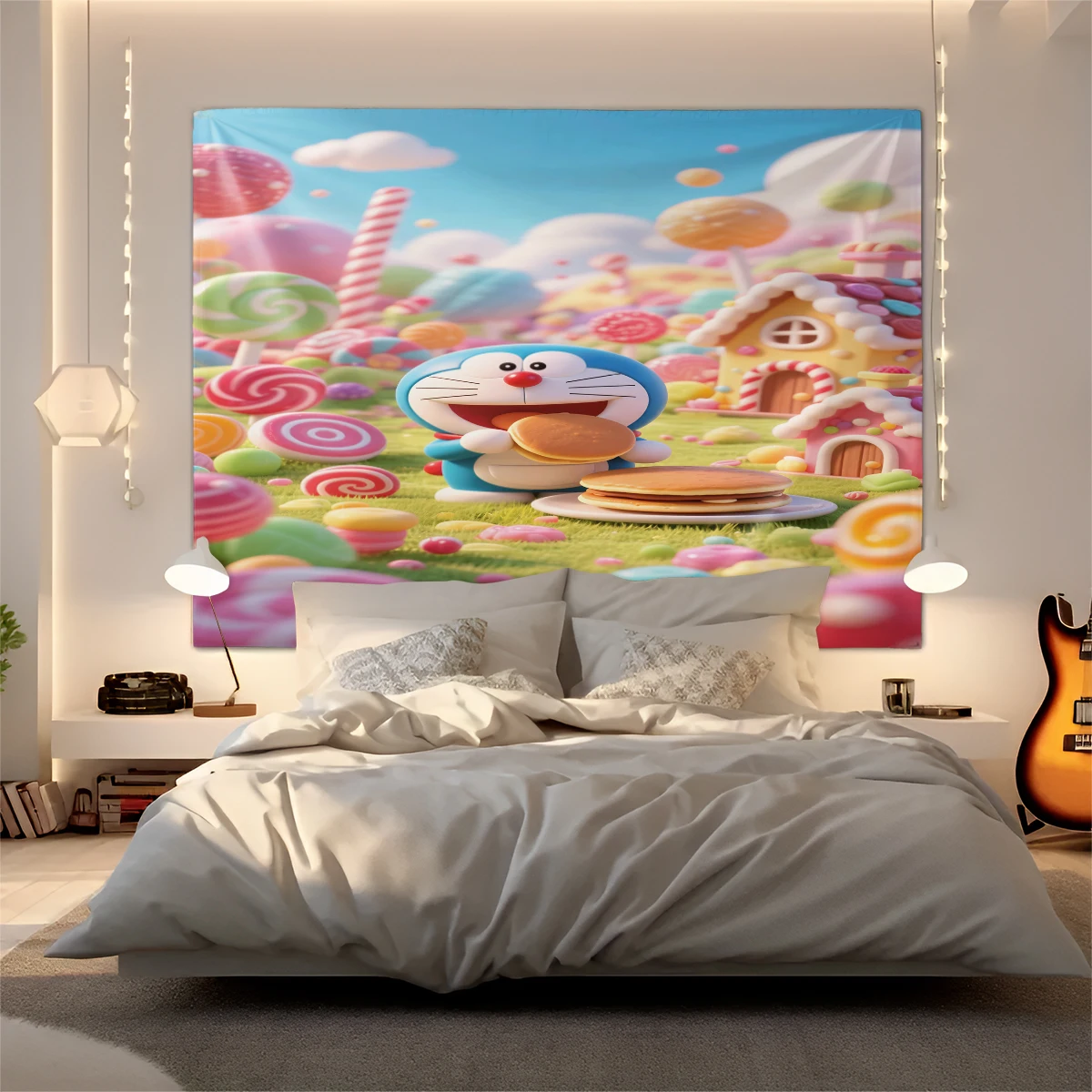 Tapiz Decorativo con Estampado de Doraemon Comiendo Dorayaki, Decoración Vibrante para el Hogar, Decoración de Habitaciones para Dormitorio y Sala de Estar