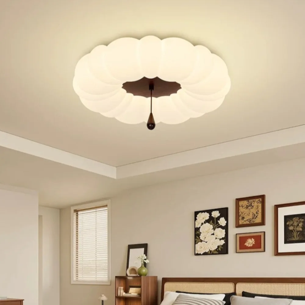 For Medieval Cream Wind Ceiling Light Bedroom Light Ceiling Light with Pumpkin Petals Warm Master LED Infinite Dimming Lamp