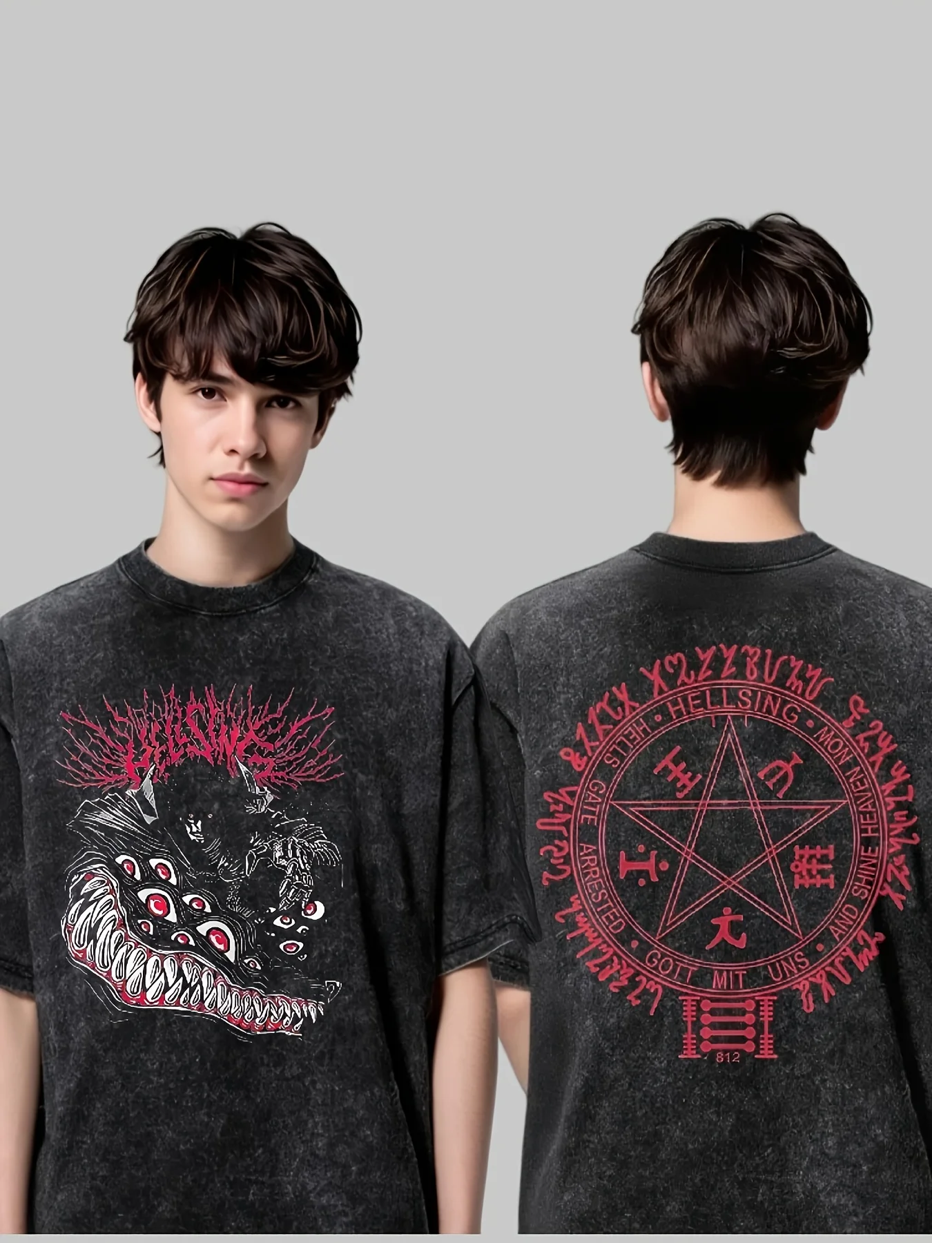 Vintage Anime Hellsing Abraham Van Helsing Vampiro Alucard camiseta gráfica de doble cara estilo años 90 camisetas para hombres ropa Y2k camisetas