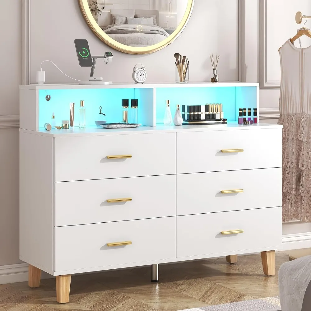 6 Drawer Dresser for Bedroom, Chest of Drawers with LED Light and Power Outlet for Organizer Cabinet Bedroom, Tall Wide Dresser