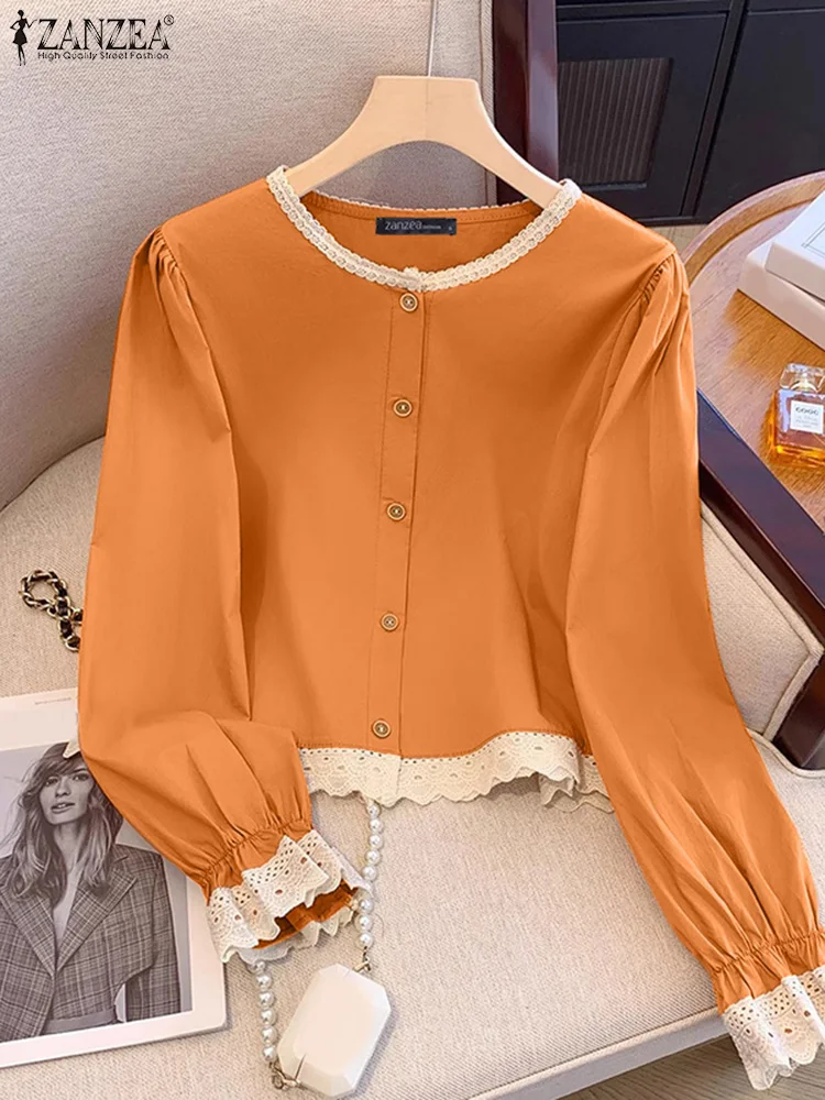 

ZANZEA Elegant Lace Splicing Blouses 2025 Causal Long Sleeve Open Up Shirts Women O-Neck Chemise Sweety Harajuku Loose Tunics