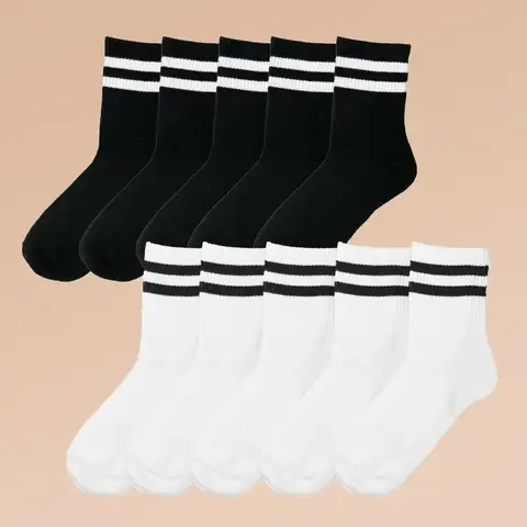 여성용 줄무늬 크루 양말, 편안하고 통기성 있는 미드 튜브 양말, 스타킹 및 양말, 5 쌍, 10 쌍