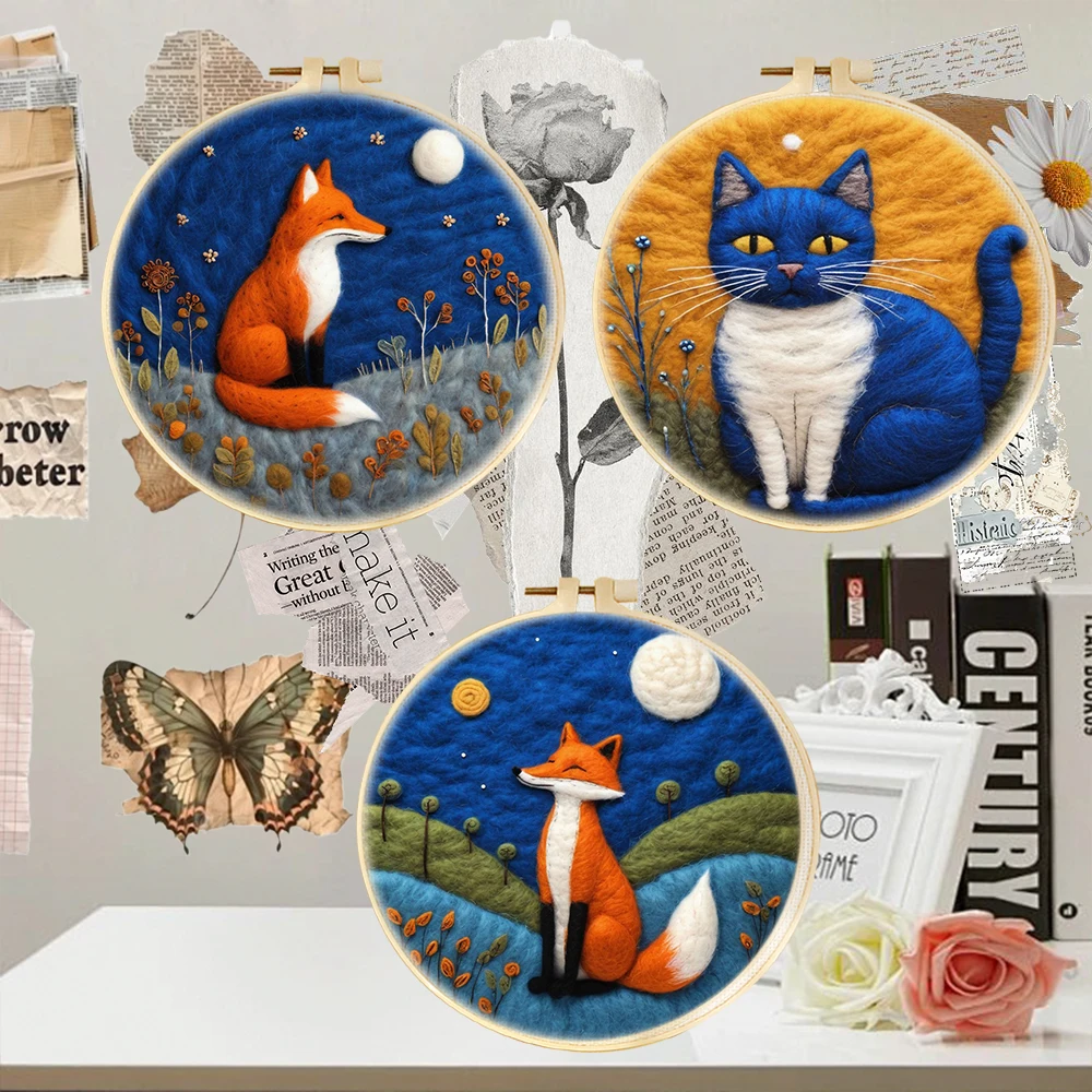 

DIY Wool Needle Felting Painting Kit Moon Cat Night Fox Animals Wool Felting Beginner Handmade Picture Craft painting Home Decor