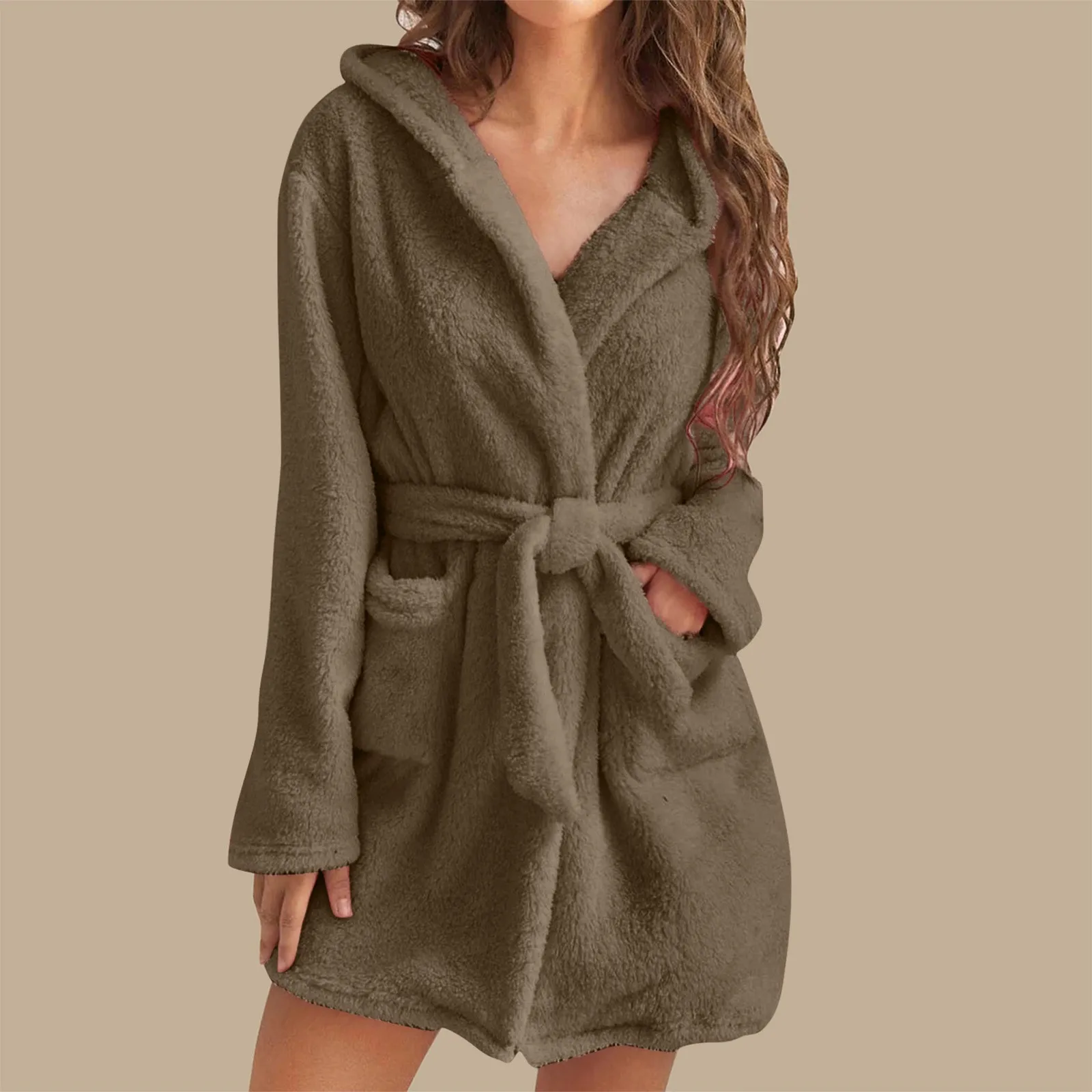 Women Sleeping Robe Pure Color Thickened Winter Home Bathrobe Ladies Casual Hooded with Pockets Warm Simple Padded Pajamas