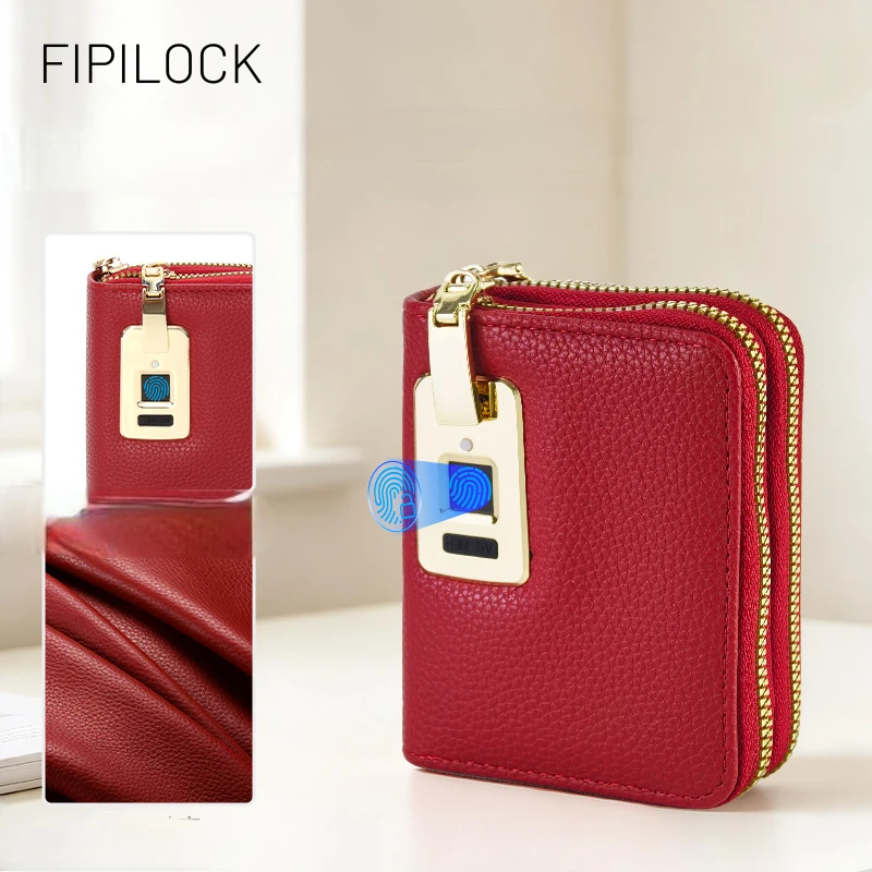 Women's PU Leather Wallet Red Pebbled Zip Card Holder Coin Purse Small Clutch with Gold Zipper
