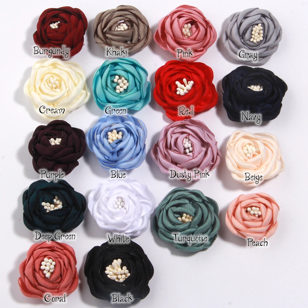 10Pcs 3.5cm Vintage Burned Eage Satin Flowers With Stamen For Headdress Corsage Flower For Hat Dress Accessories