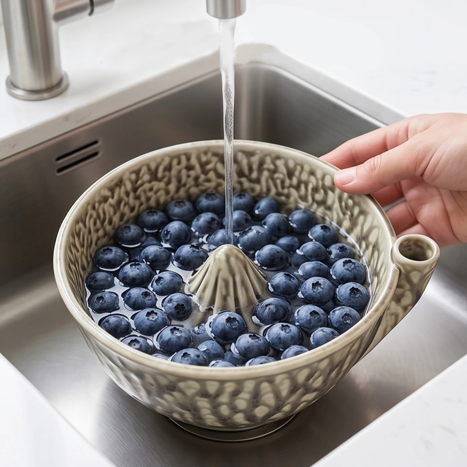 Ceramic Berry Rinse Bowl with Drainage Self Spinning Berry Washing Bowl 360 Degree Rotating for Cleaning Berries Vegetables