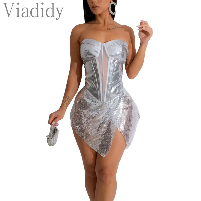 Women Sexy Solid Color Strapless Backless Bandeau Irregular Sheer Mesh Sequin Decor PU Dress