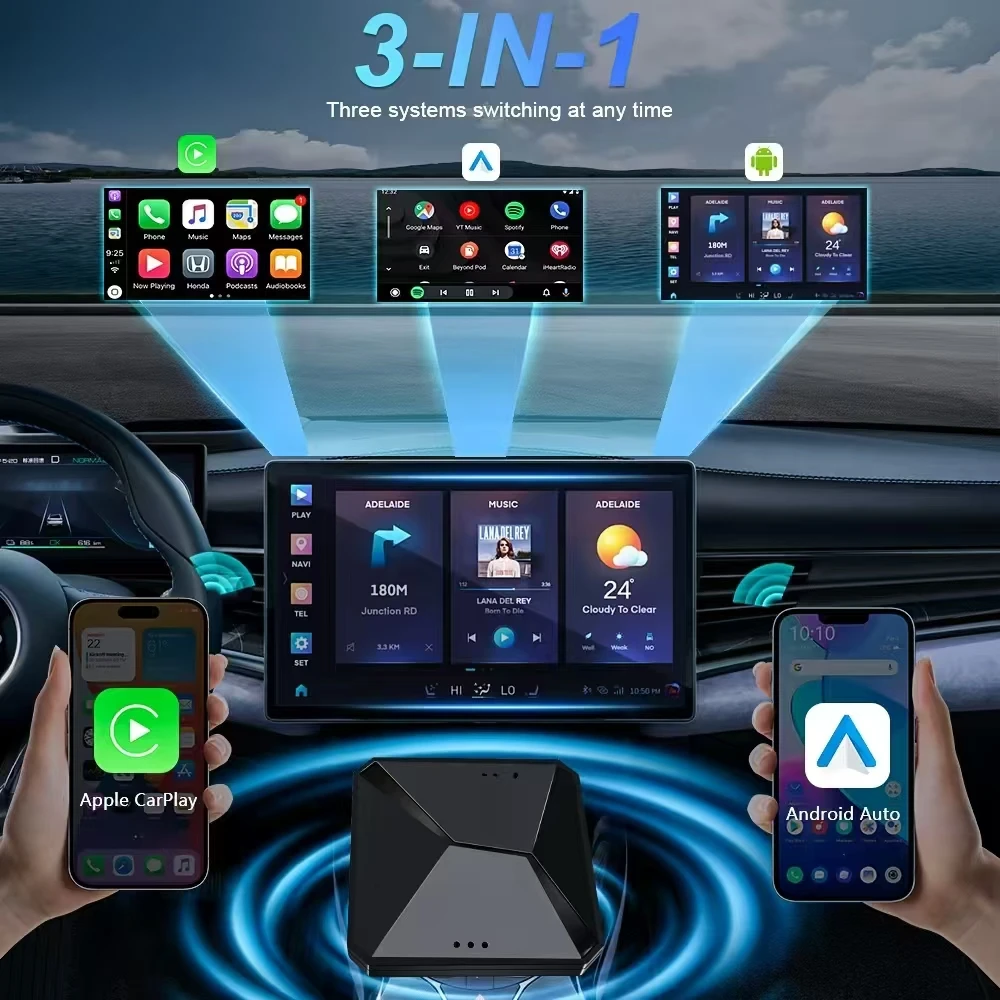 3 في 1 سلكي إلى صندوق Carpaly Al اللاسلكي CarPlay/Android Auto/ Android 13 Car Universal الساحرة في أي وقت صندوق التلفزيون الذكي