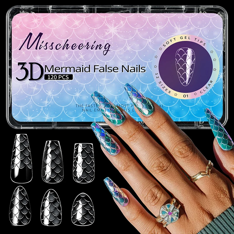 120pcs Fish Scales Soft Nail Tips False Nails Fake Fingertips Luxury Trapezoidal Full Cover Nails Extension Manicure Tools